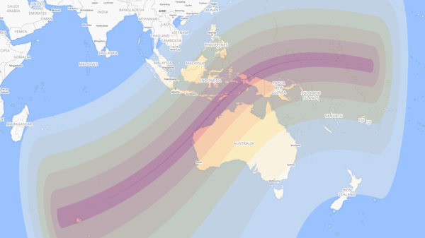 A map showing the solar eclipse of April 20, 2023.